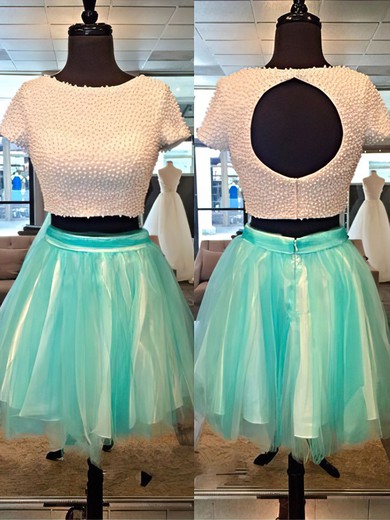 Two Piece Scoop Neck Tulle Pearl Detailing Short/Mini Short Sleeve Open Back Prom Dress #UKM02051700
