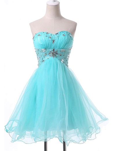 A-line Sweetheart Satin Organza Short/Mini Beading Prom Dresses #UKM02051736