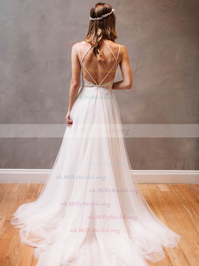 Backless A-line Scoop Neck Tulle Appliques Lace Watteau Train Modern Wedding Dresses #UKM00022609