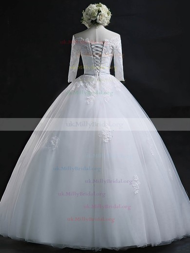 Online Ball Gown Off-the-shoulder Tulle Appliques Lace Floor-length 3/4 Sleeve Wedding Dresses #UKM00022630
