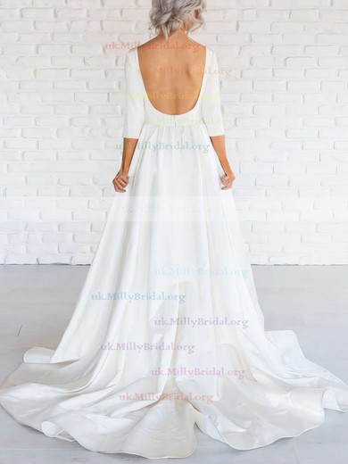 Simple A-line Scoop Neck Satin Ruffles Sweep Train Long Sleeve Backless Wedding Dresses #UKM00022674
