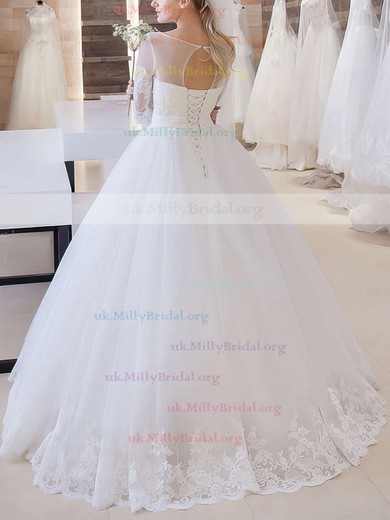 Ball Gown Scoop Neck Tulle Appliques Lace Floor-length 1/2 Sleeve Online Wedding Dresses #UKM00022680
