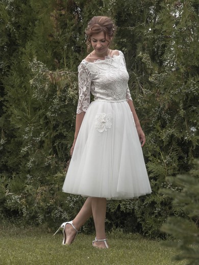 Ladies A-line Square Neckline Tulle Lace Tea-length 1/2 Sleeve Backless Wedding Dresses #UKM00022696