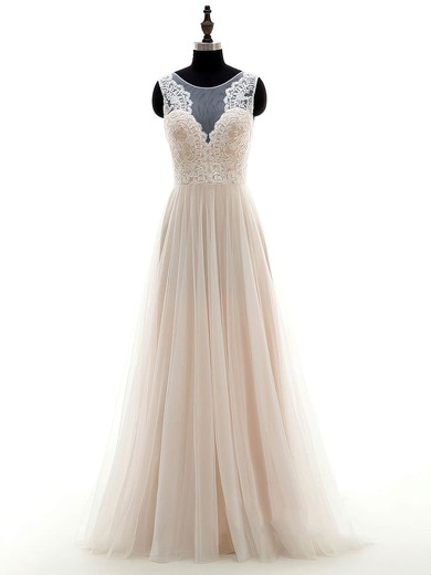 A-line Scoop Neck Tulle Appliques Lace Floor-length Inexpensive Wedding Dresses #UKM00022697