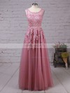 Princess Scoop Neck Tulle Floor-length Appliques Lace Prom Dresses #UKM020102804