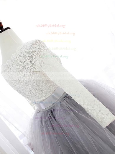 Sweet A-line Scalloped Neck Lace Tulle Sashes / Ribbons Knee-length Long Sleeve Prom Dresses #UKM020102849