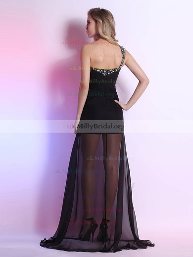 Sheath/Column Black Chiffon One Shoulder Split Front Beading Prom Dresses #UKM02014298