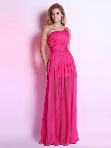 Trendy Fuchsia Chiffon Ruffles Sheath/Column One Shoulder Prom Dresses #UKM02014308