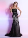 Black Elegant Satin Tulle Strapless Sweep Train Appliques Lace Ruffles Prom Dress #UKM02023109