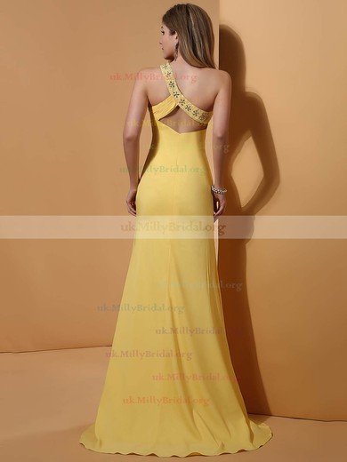 Yellow Chiffon Crystal Detailing Trendy One Shoulder Sheath/Column Prom Dresses #UKM02023191