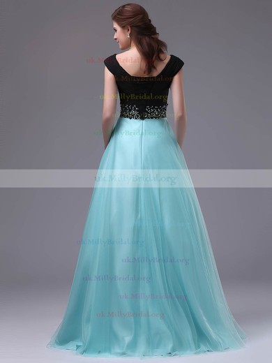 A-line Square Neckline Satin Tulle Floor-length Beading Prom Dresses #UKM02111318