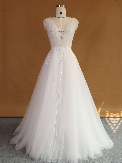 A-line V-neck Tulle with Appliques Lace Sweep Train Original Backless Wedding Dresses #UKM00022707