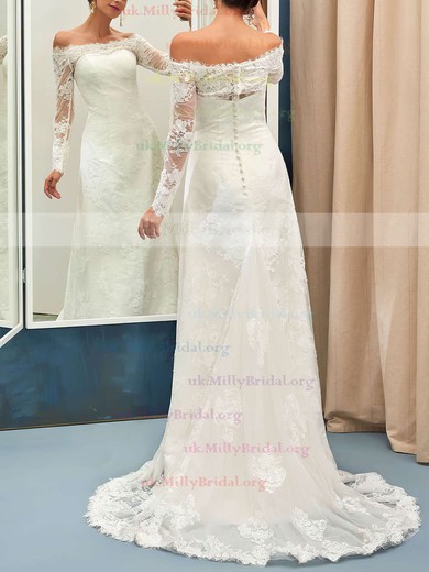 Great Sheath/Column Off-the-shoulder Tulle Appliques Lace Sweep Train Long Sleeve Wedding Dresses #UKM00022736