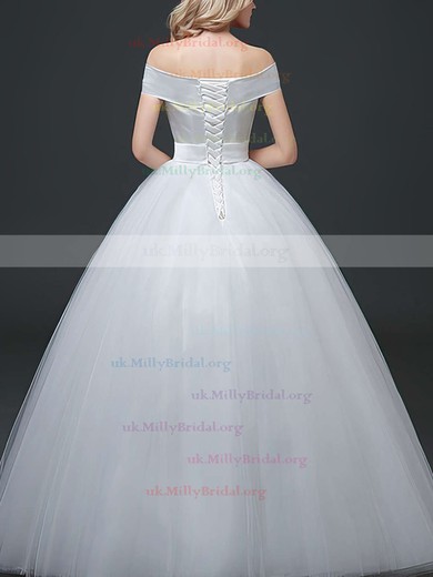 Ball Gown Off-the-shoulder Satin Tulle Sashes / Ribbons Floor-length Lace-up Elegant Wedding Dresses #UKM00022760
