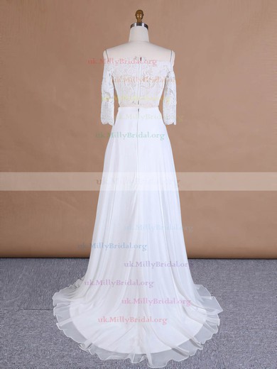 A-line Off-the-shoulder Chiffon Tulle Appliques Lace Sweep Train 3/4 Sleeve Two Piece Custom Wedding Dresses #UKM00022762