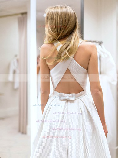 A-line Scoop Neck Satin with Bow Sweep Train Backless Simple Wedding Dresses #UKM00022767