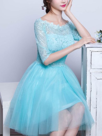 Pretty A-line Scoop Neck Lace Tulle with Beading Short/Mini 1/2 Sleeve Prom Dresses #UKM020102871