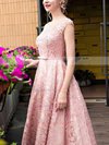 A-line Scoop Neck Lace Tea-length Sashes / Ribbons Prom Dresses #UKM020102877