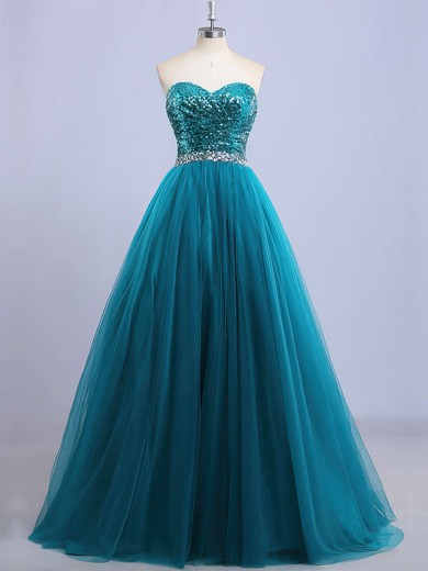 Princess Sweetheart Tulle Sequined Floor-length Beading Prom Dresses #UKM020102908