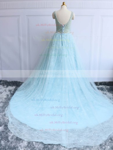 Fashion Ball Gown Scoop Neck Lace Tulle Pearl Detailing Court Train Backless Prom Dresses #UKM020103051