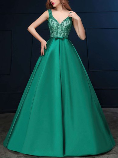 Ball Gown V-neck Satin Floor-length Beading Prom Dresses #UKM020103072