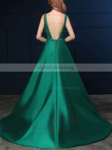 Ball Gown V-neck Satin Floor-length Beading Prom Dresses #UKM020103072