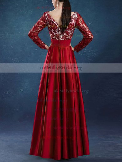 A-line V-neck Satin Asymmetrical Lace Prom Dresses #UKM020103138
