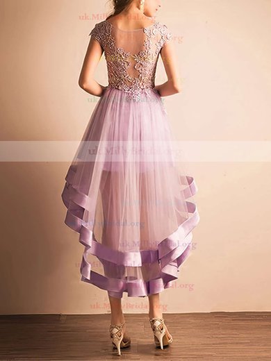 A-line Scoop Neck Tulle Asymmetrical Appliques Lace Prom Dresses #UKM020103141