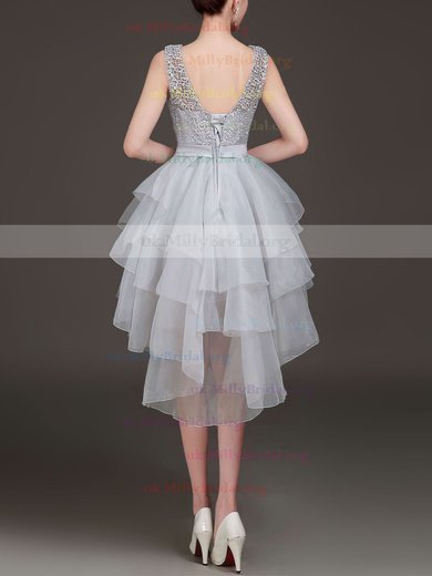 Princess Scoop Neck Lace Organza Asymmetrical Bow Prom Dresses #UKM020103155