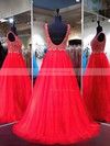 Princess V-neck Tulle with Crystal Detailing Sweep Train Red Backless Boutique Prom Dresses #UKM020103222