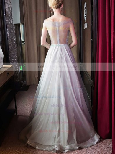 Princess Off-the-shoulder Tulle Floor-length Sashes / Ribbons Prom Dresses #UKM020103230