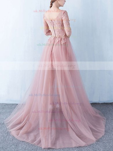Princess Scoop Neck Tulle Floor-length Appliques Lace Prom Dresses #UKM020103254