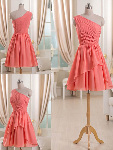 Short/Mini Watermelon Chiffon Ruffles One Shoulder Hot Bridesmaid Dress #UKM01012509