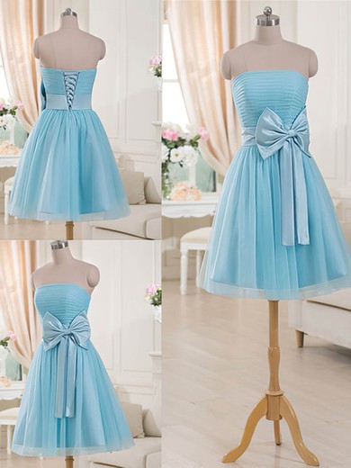 Strapless Blue Tulle with Bow Lace-up Juniors Short/Mini Bridesmaid Dresses #UKM01012516