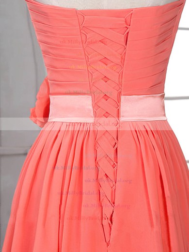 Popular Sheath/Column Sweetheart Chiffon Flower(s) Watermelon Bridesmaid Dress #UKM01012526
