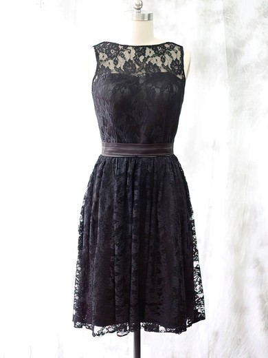Scoop Neck Knee-length with Sashes/Ribbons Newest Black Lace Bridesmaid Dress #UKM01012527