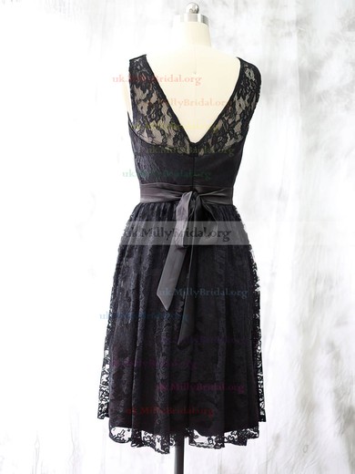 Scoop Neck Knee-length with Sashes/Ribbons Newest Black Lace Bridesmaid Dress #UKM01012527