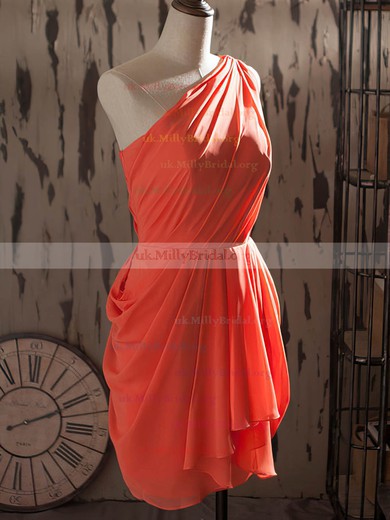 One Shoulder Watermelon Ruched Chiffon Sheath/Column Short Bridesmaid Dresses #UKM01012540