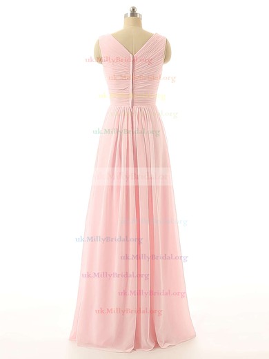 Pink V-neck Chiffon with Flower(s) Floor-length Simple Bridesmaid Dresses #UKM01012726