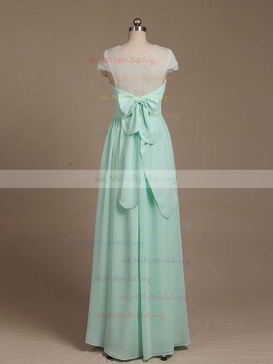 Perfect Scoop Neck Chiffon Lace with Bow Floor-length Short Sleeve Bridesmaid Dresses #UKM01012733