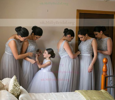 Scoop Neck Tulle with Beading Floor-length Modest Bridesmaid Dresses #UKM01012747