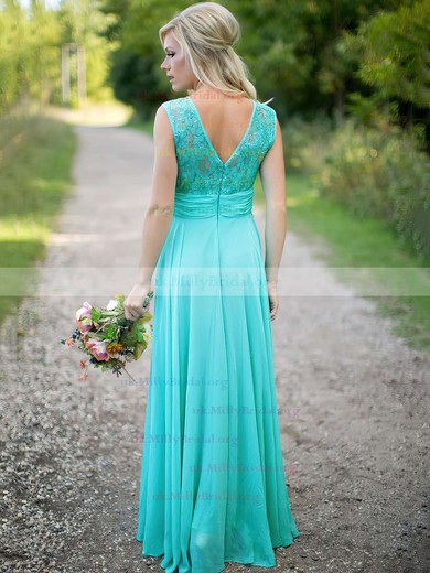 Scoop Neck Lace Chiffon Ruched Floor-length Gorgeous Bridesmaid Dresses #UKM01012813