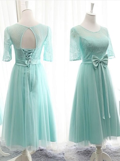 Knee-length Scoop Neck Lace Tulle Bow 1/2 Sleeve Bridesmaid Dresses #UKM01012824