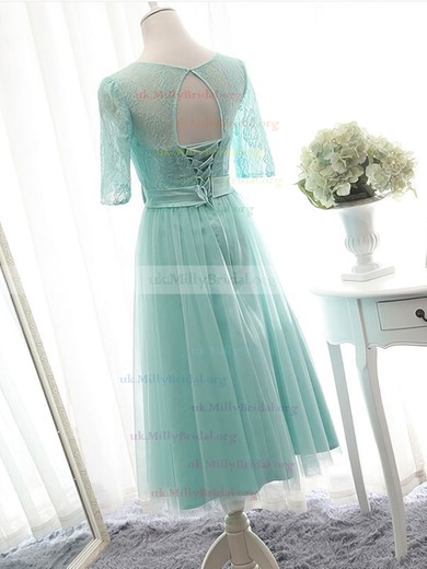 Knee-length Scoop Neck Lace Tulle Bow 1/2 Sleeve Bridesmaid Dresses #UKM01012824