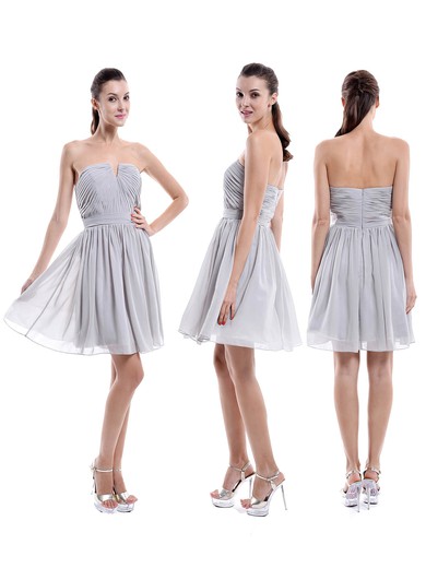 A-line Strapless Chiffon Newest Short/Mini Ruched Bridesmaid Dresses #UKM01012876