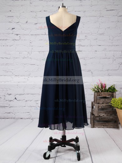 Pink V-neck Chiffon Online Tea-length Ruffles Bridesmaid Dress #UKM01012892