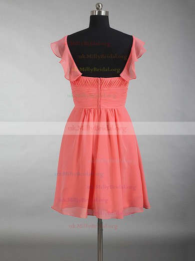 V-neck Chiffon Short/Mini Ruffles Watermelon Summer Bridesmaid Dress #UKM01012897