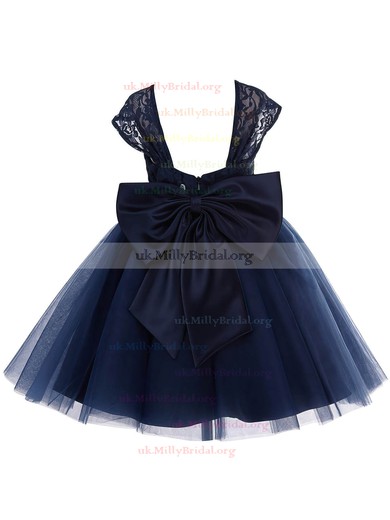 Princess Sweetheart Lace Tulle Bow Dark Navy Tea-length Cute Flower Girl Dresses #UKM01031943