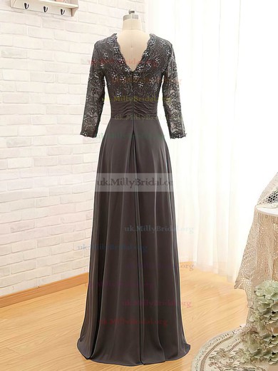 Unique V-neck Lace Chiffon with Beading 3/4 Sleeve Gray Mother of the Bride Dress #UKM01021561