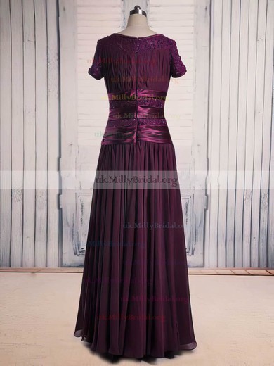 Scoop Neck Purple Lace Chiffon Beading Short Sleeve Floor-length Mother of the Bride Dress #UKM01021563